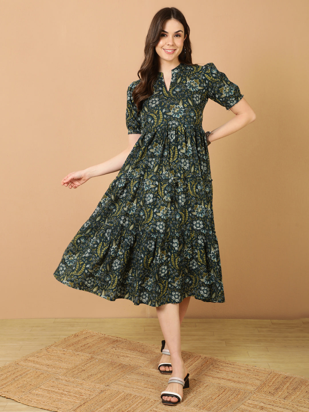 Antaran Blue Pure Cotton Tiered Printed Dress - Distacart