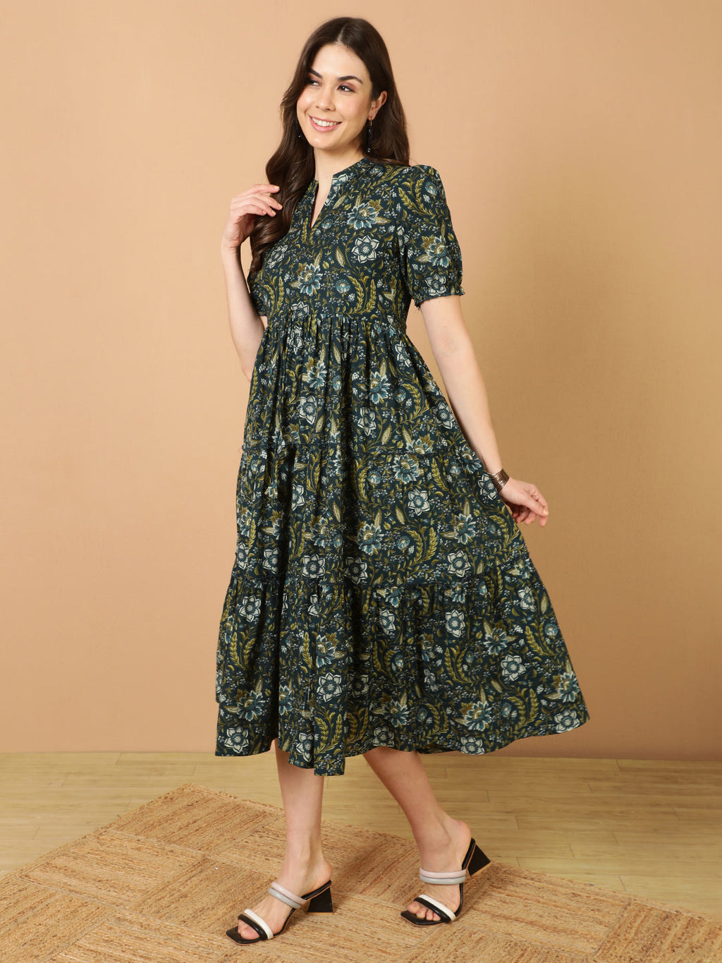 Antaran Blue Pure Cotton Tiered Printed Dress - Distacart