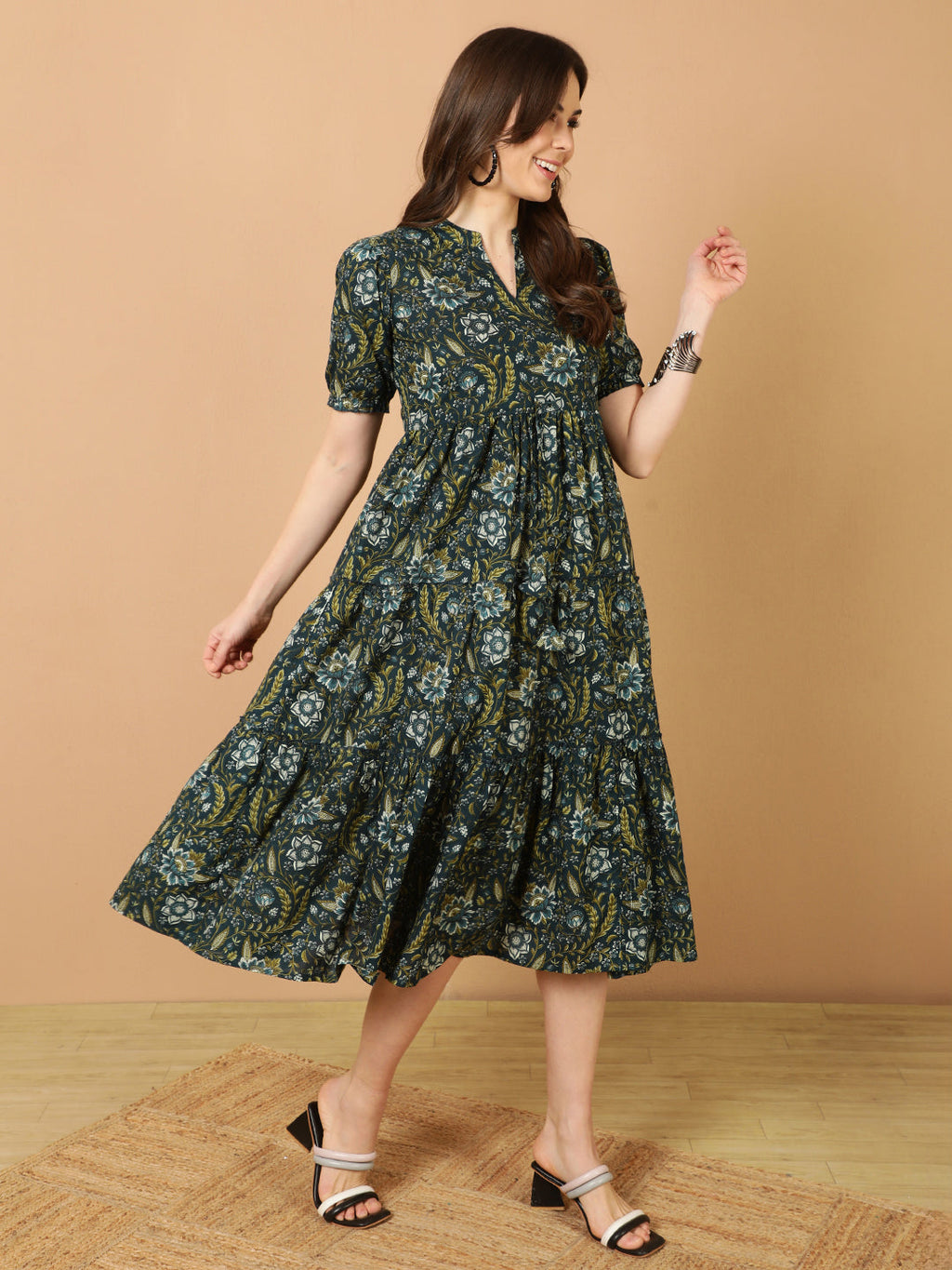 Antaran Blue Pure Cotton Tiered Printed Dress - Distacart
