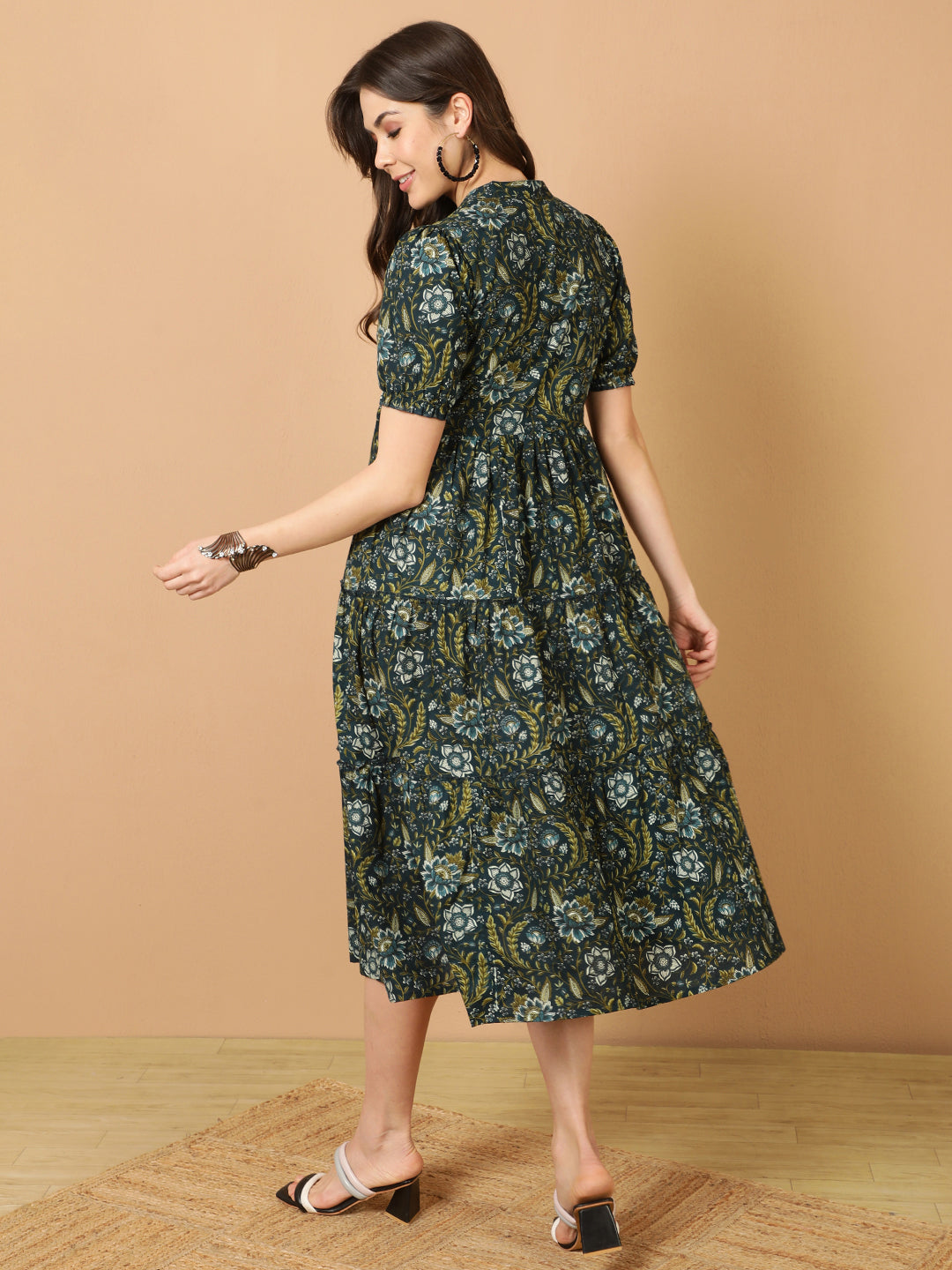 Antaran Blue Pure Cotton Tiered Printed Dress - Distacart