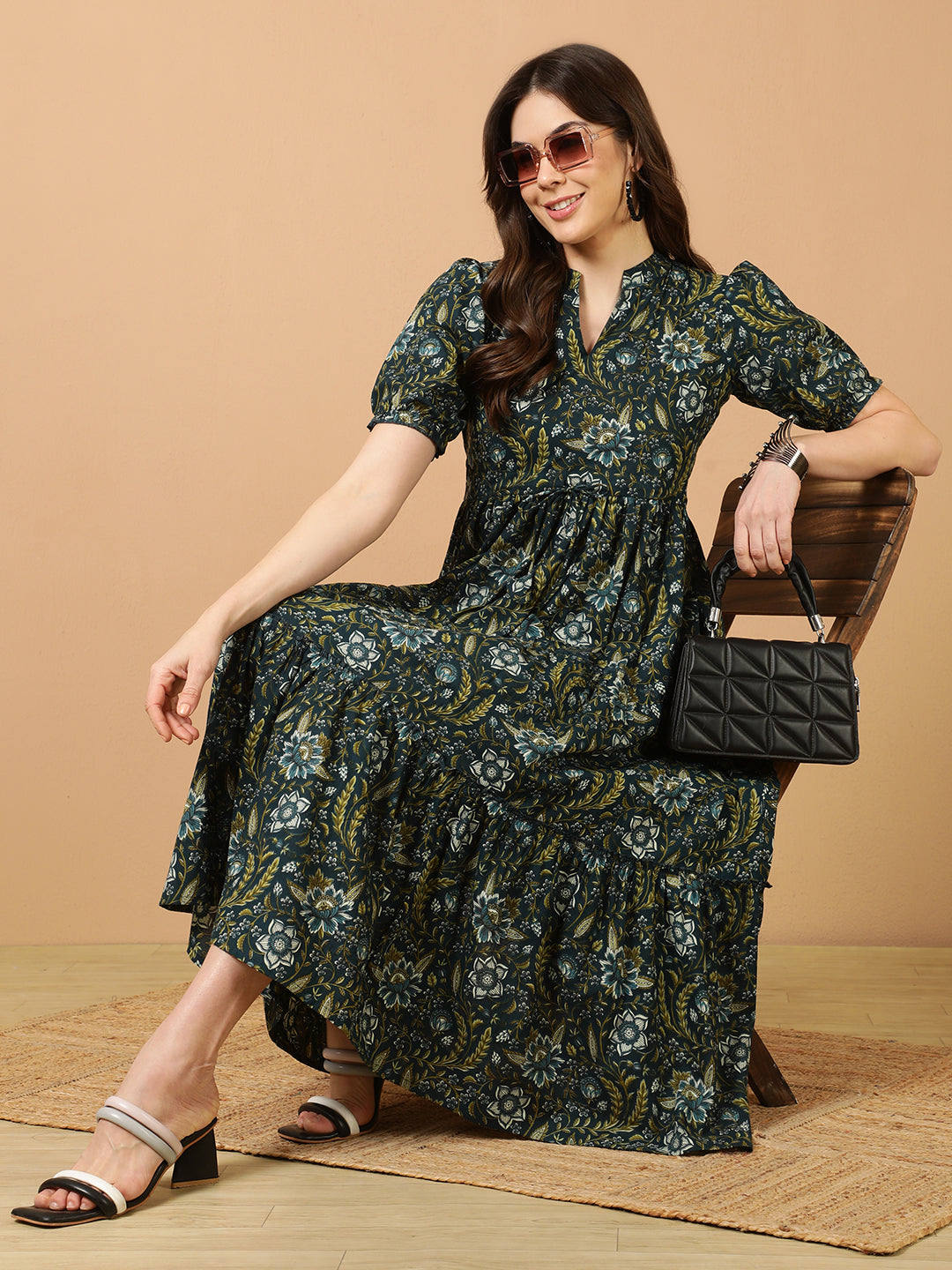 Antaran Blue Pure Cotton Tiered Printed Dress - Distacart