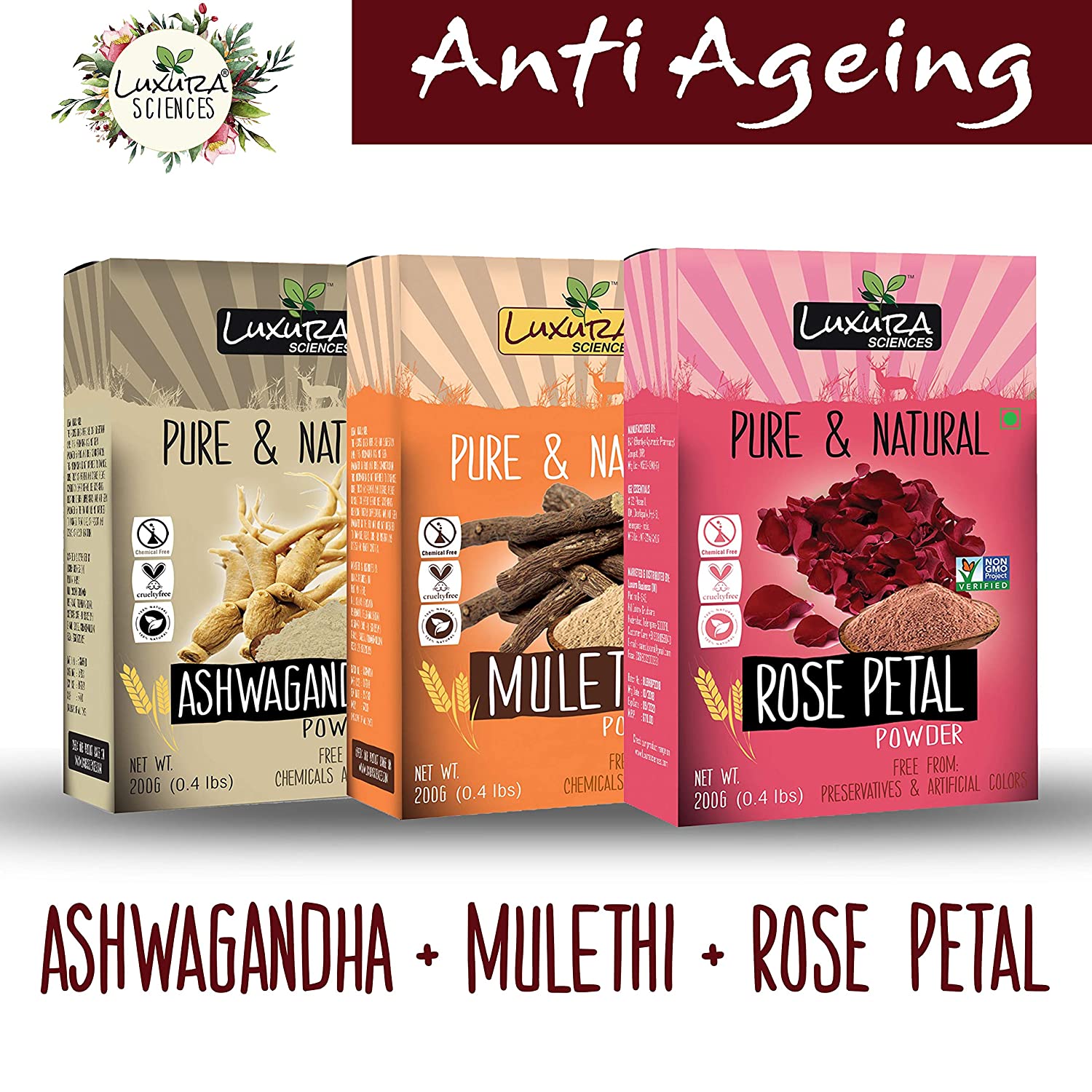 Luxura Sciences Natural Skin Care for Anti Ageing Set - Ashwagandha + Mulethi + Rose
