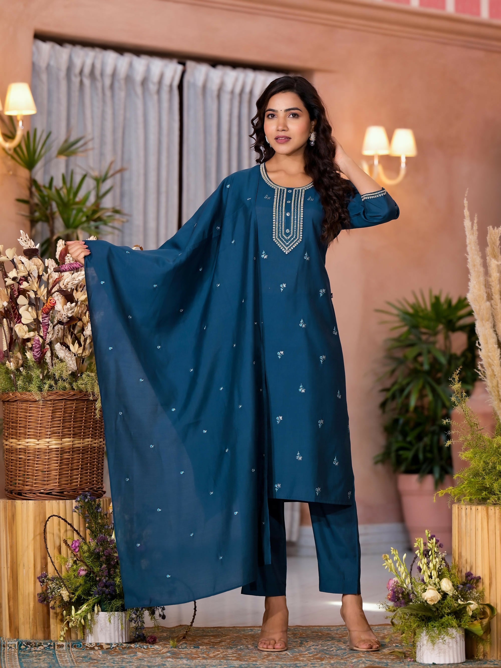 Juniper Women's Teal Thread Work Embroidered Viscose Kurta Pant And Dupatta Set With Buttons Work