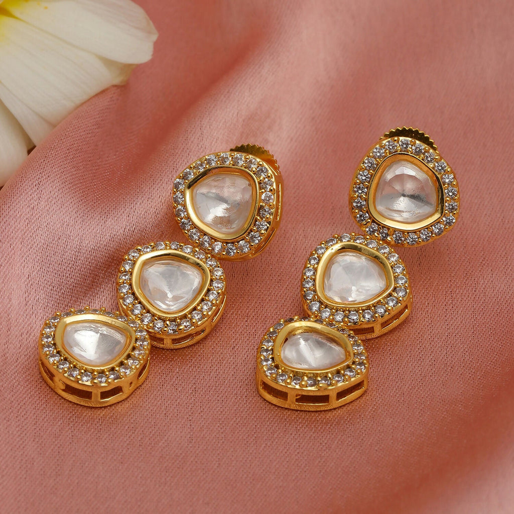Uncut 3 Tier Kundan Dangler Earrings (Gold) - Ruby Raang - Distacart