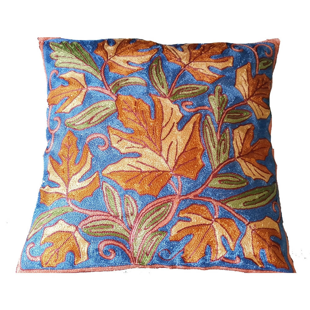 The Decor Nook Hand Embroidered Crewel Cushion Covers in Mustard & Off White Chinar Leaf Motif with Navy Blue Base