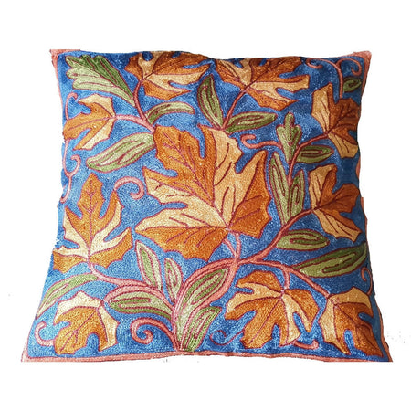 The Decor Nook Hand Embroidered Crewel Cushion Covers in Mustard & Off White Chinar Leaf Motif with Navy Blue Base