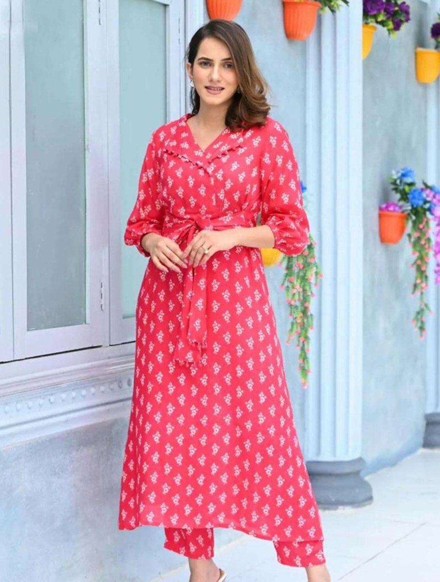 Aayaa Pure Muslin printed Kurti & Pant - Red pink