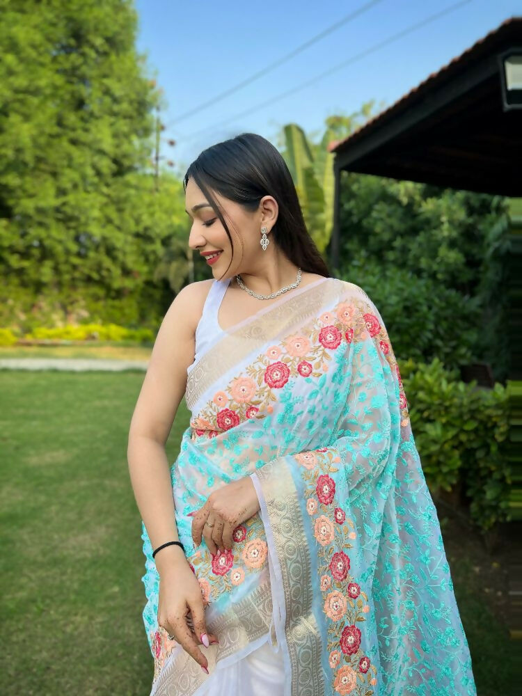Vamsee Radhika Jaal Sky Organza Silk Saree
