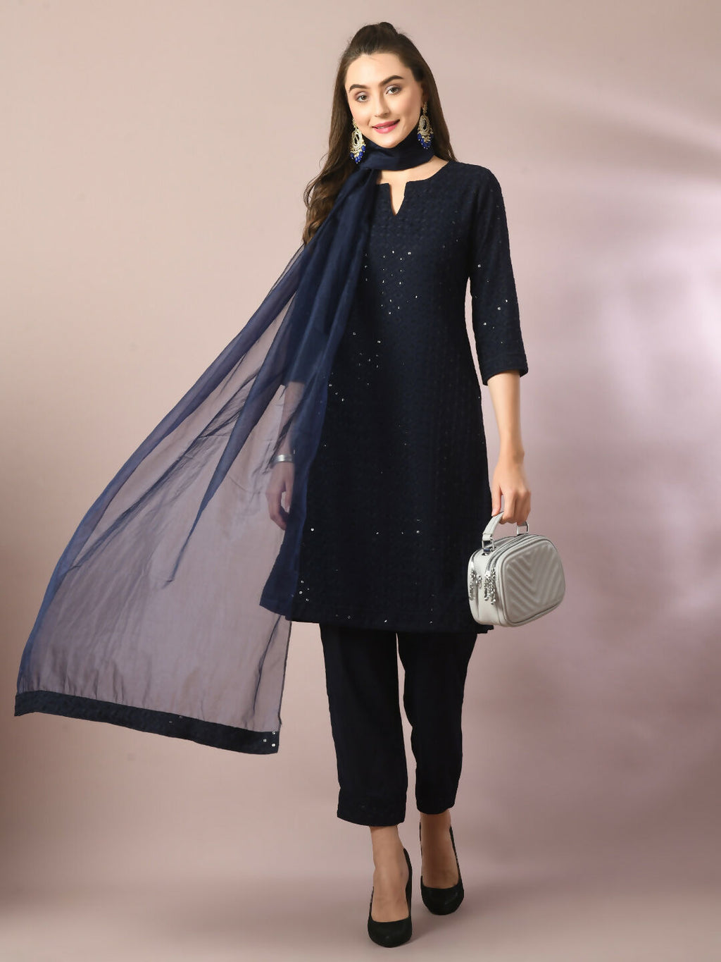 Myshka Women's Navy Blue Embroidered Cotton Straight Party Kurta Set With Dupatta