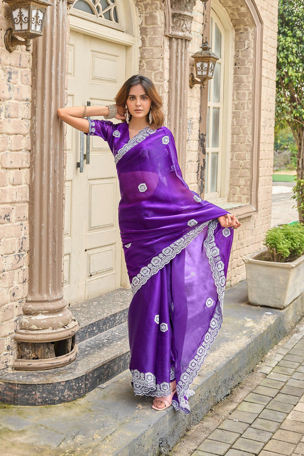Vastranavya Purple-Blue Embroidery Work Shimmer Chiffon Saree with Unstitched Blouse - Distacart