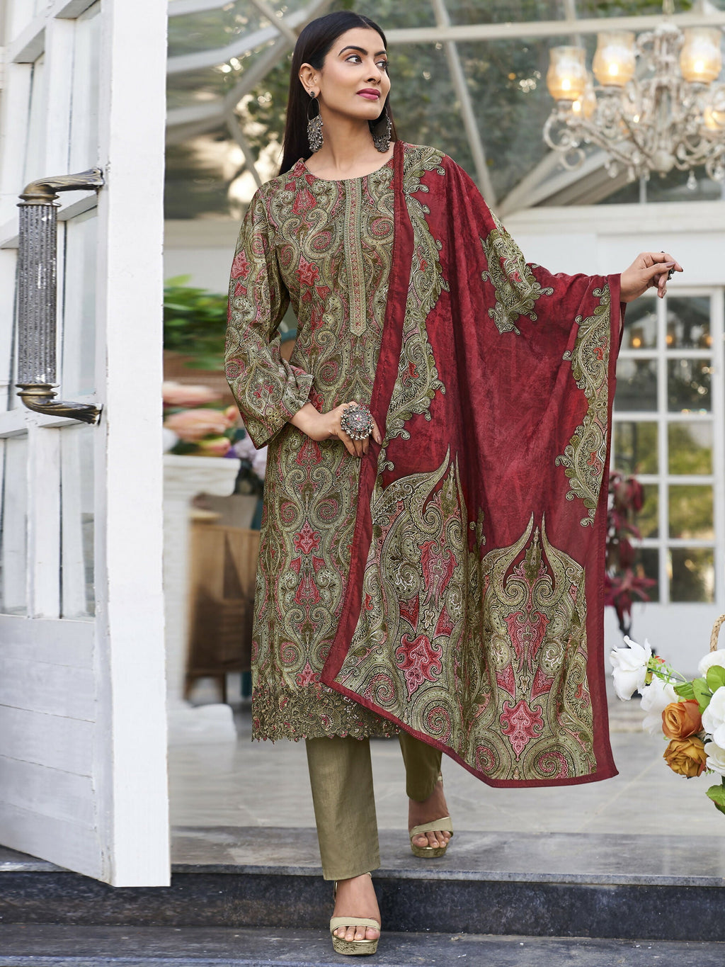 Jyoti Fashion Women's Green Velvet Digital Print with Resham Thread work Kurta with Trouser & Dupatta
