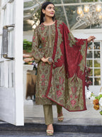 Jyoti Fashion Women's Green Velvet Digital Print with Resham Thread work Kurta with Trouser & Dupatta