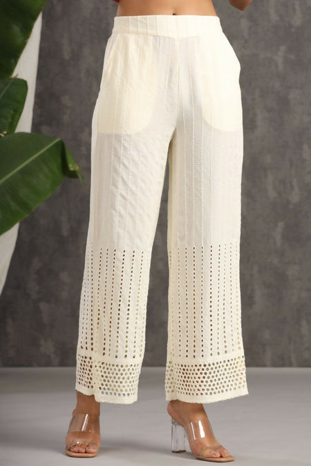 Juniper Ivory Rayon Schiffli Flared Palazzo