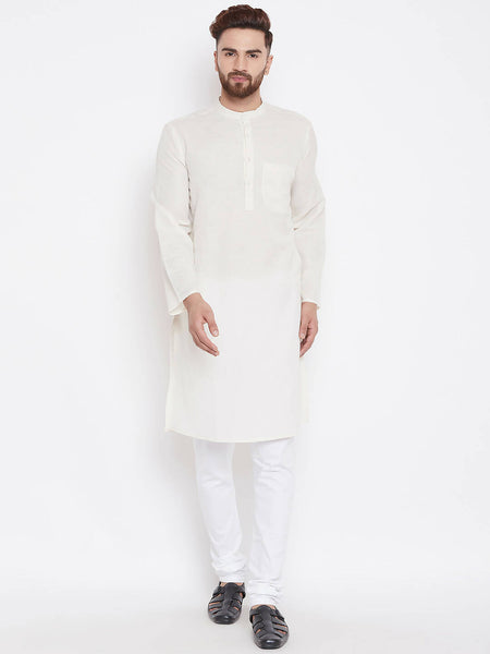 Even Apparels Cream Linen Men's Kurta With Band Collar