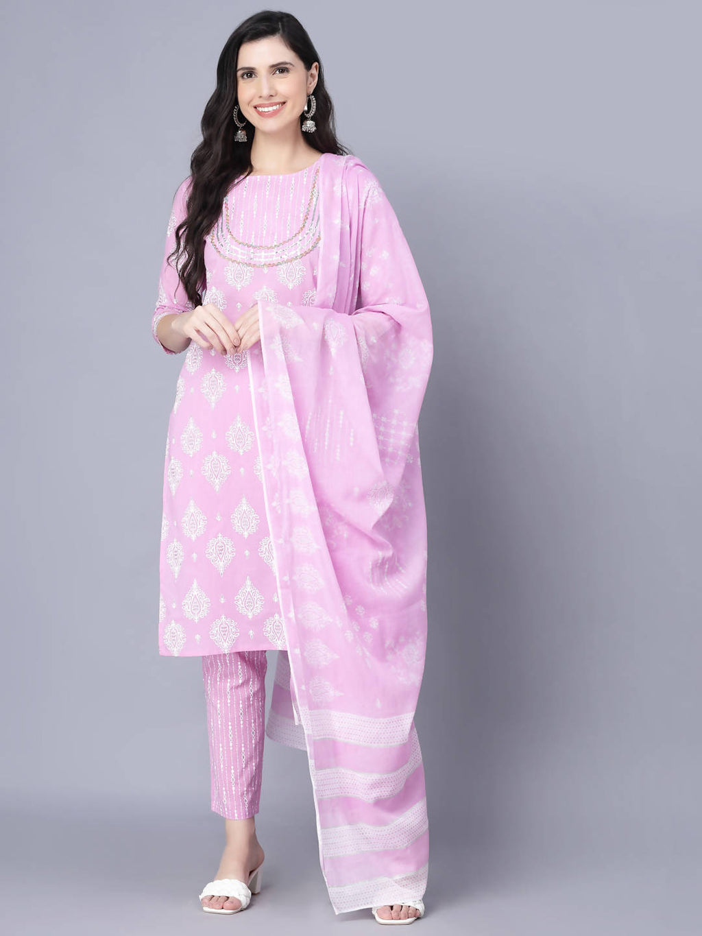 Myshka Cotton Printed 3/4 Sleeve Round Pink Women Kurta set - Distacart