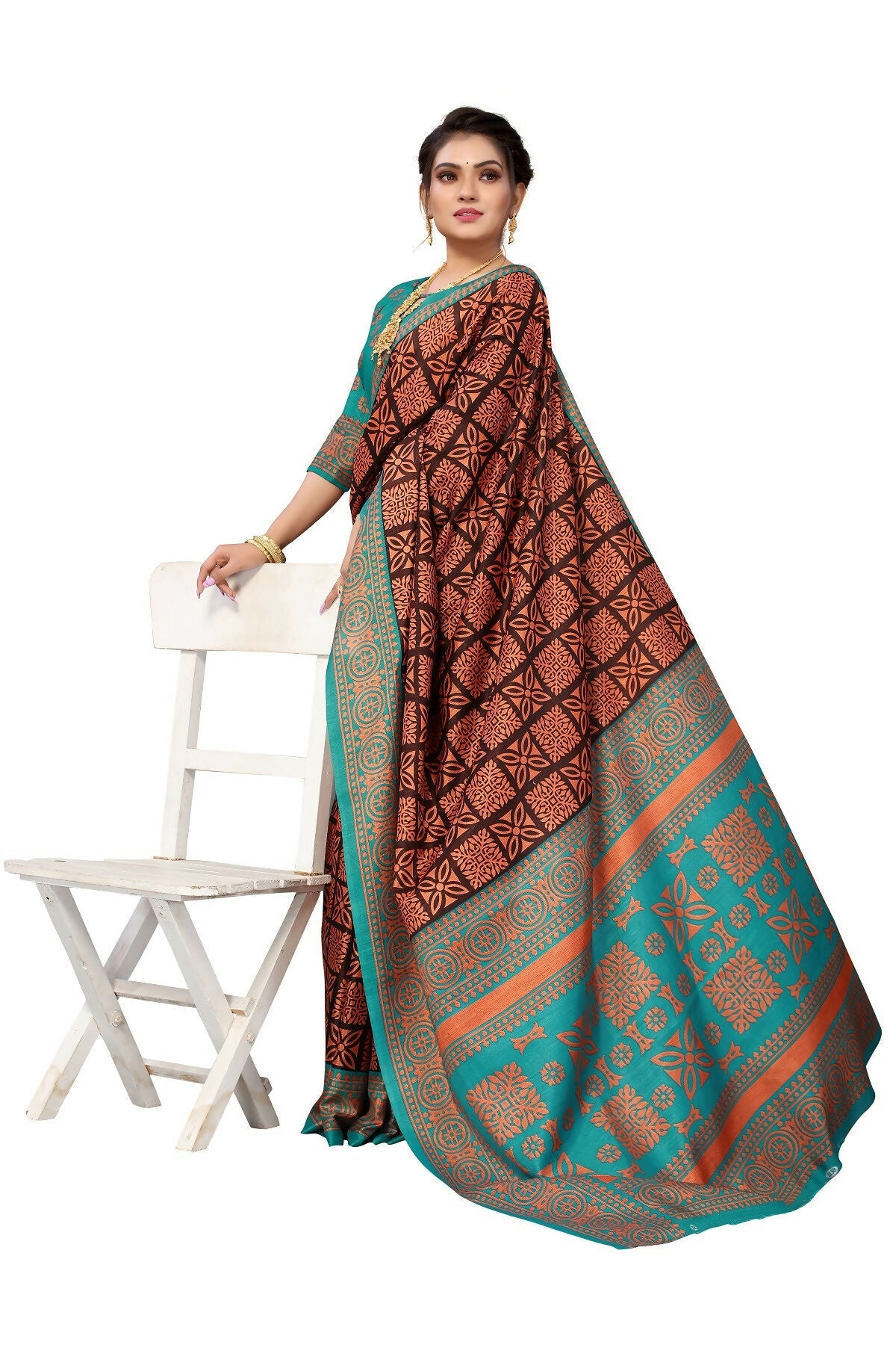 Vamika Brown Printed Art Silk Saree
