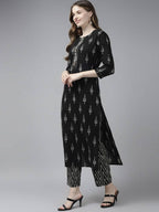 Yufta Women Black Ikat Printed Pure Cotton Kurta with Palazzo and Dupatta