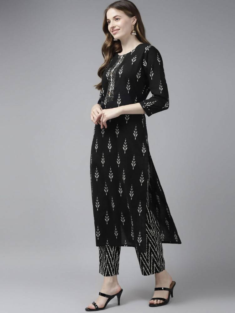 Yufta Women Black Ikat Printed Pure Cotton Kurta with Palazzo and Dupatta