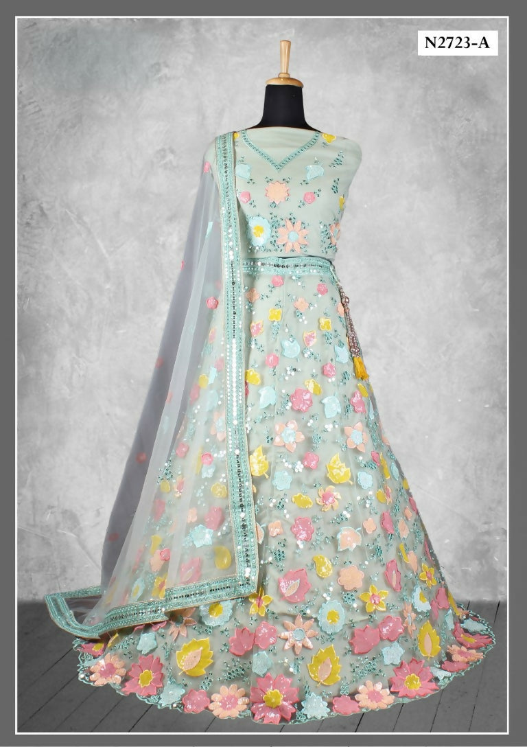 Green Net Thread With Sequence Work Lahenga Choli - Nimaya Ishani