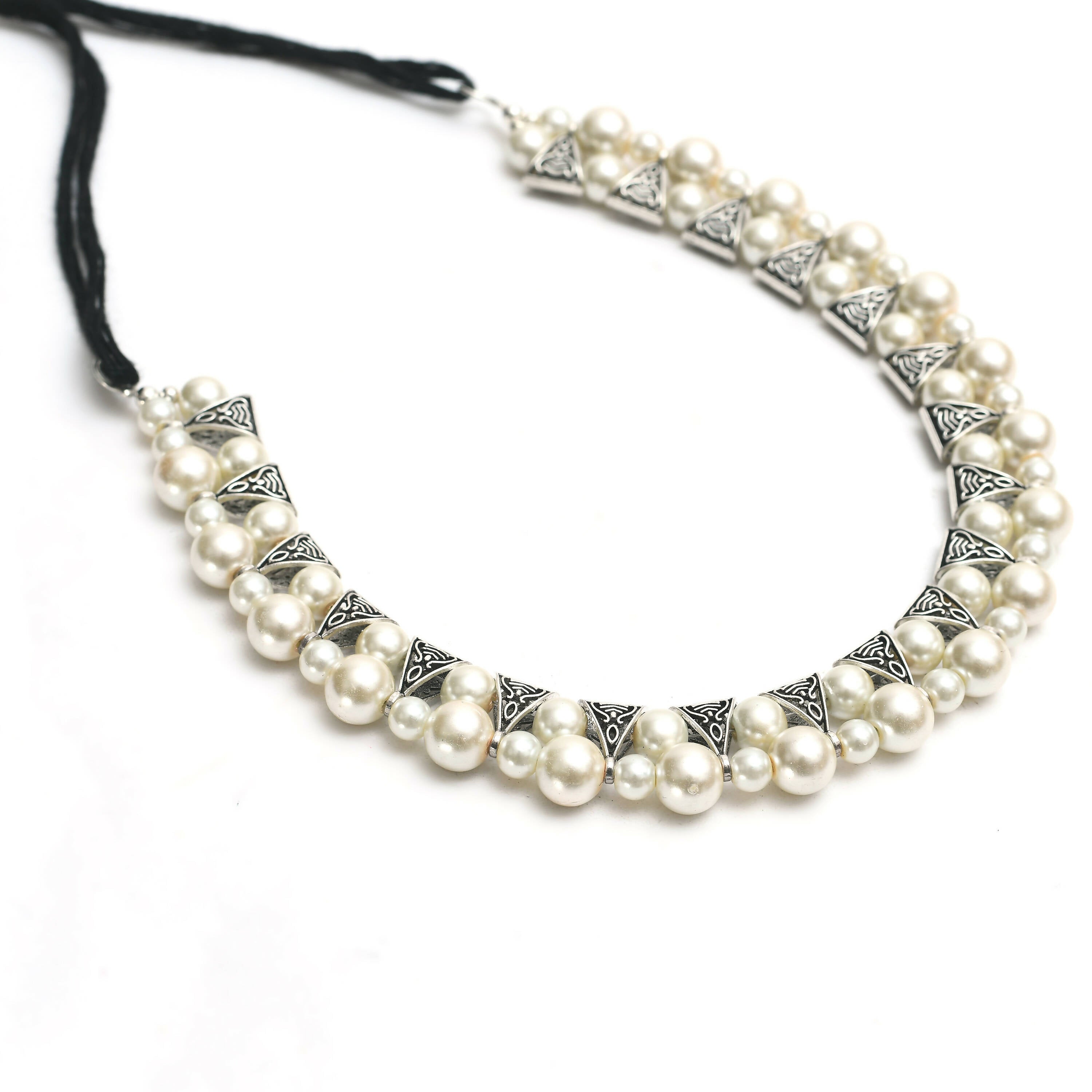 Mominos Fashion Johar Kamal Silver-Plated Brass Finish Pearls Work Choker For Women (White) - Distacart