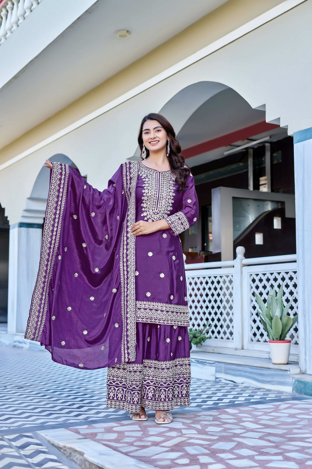 Teeya Creation Wine Color Chinon Silk Heavy Embroidery Work Wedding Wear Sharara - Distacart