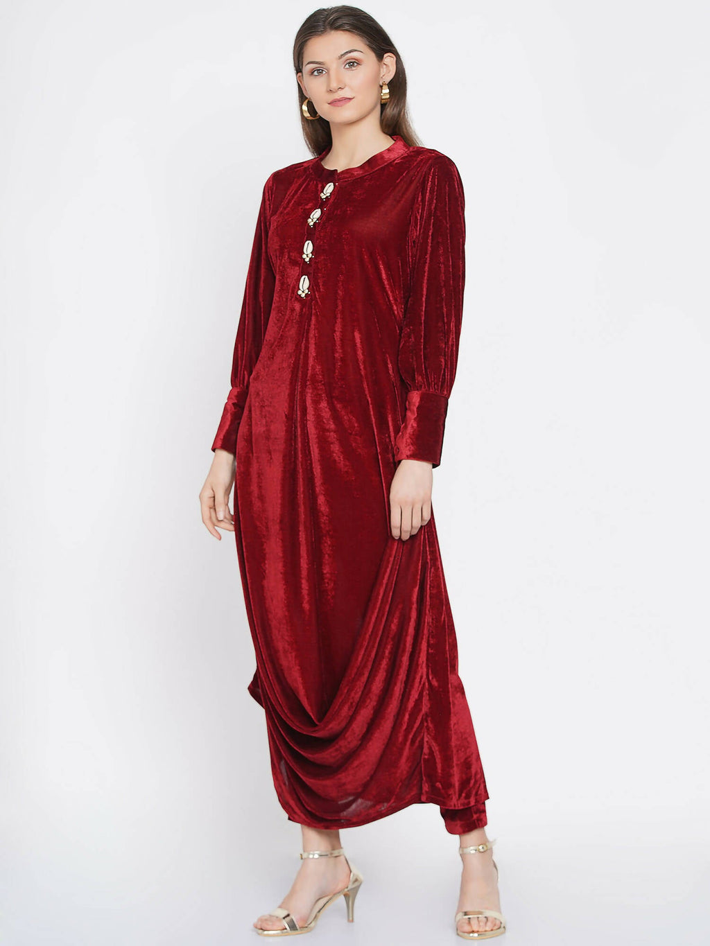 Women Republic Maroon Velvet Cowl Style Kurta With Pants - Distacart