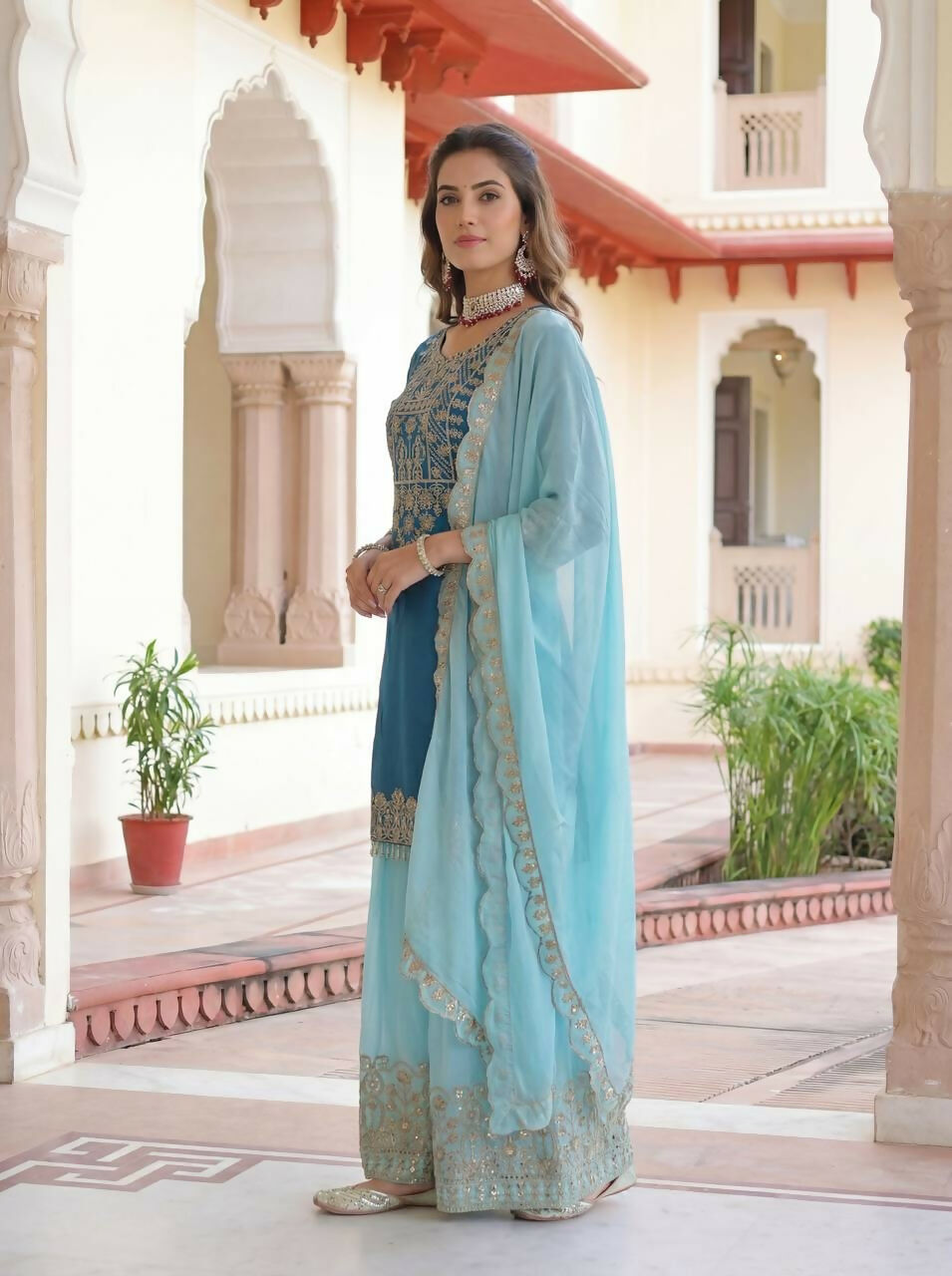 Joban Fashion Blue Silk Embroidered Sharara Set - Distacart
