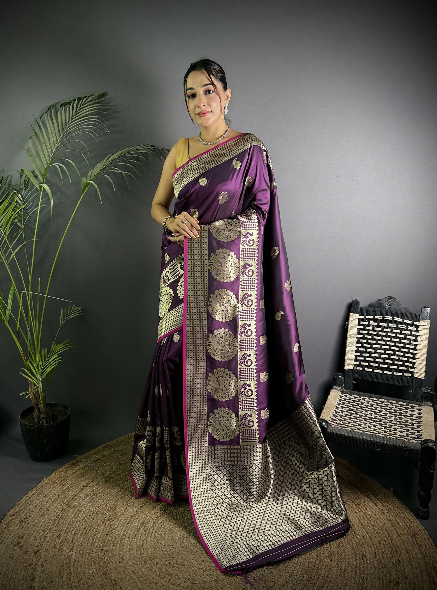 Joban Fashion Wine Banarasi Soft Lichi Silk Paisley Saree - Distacart