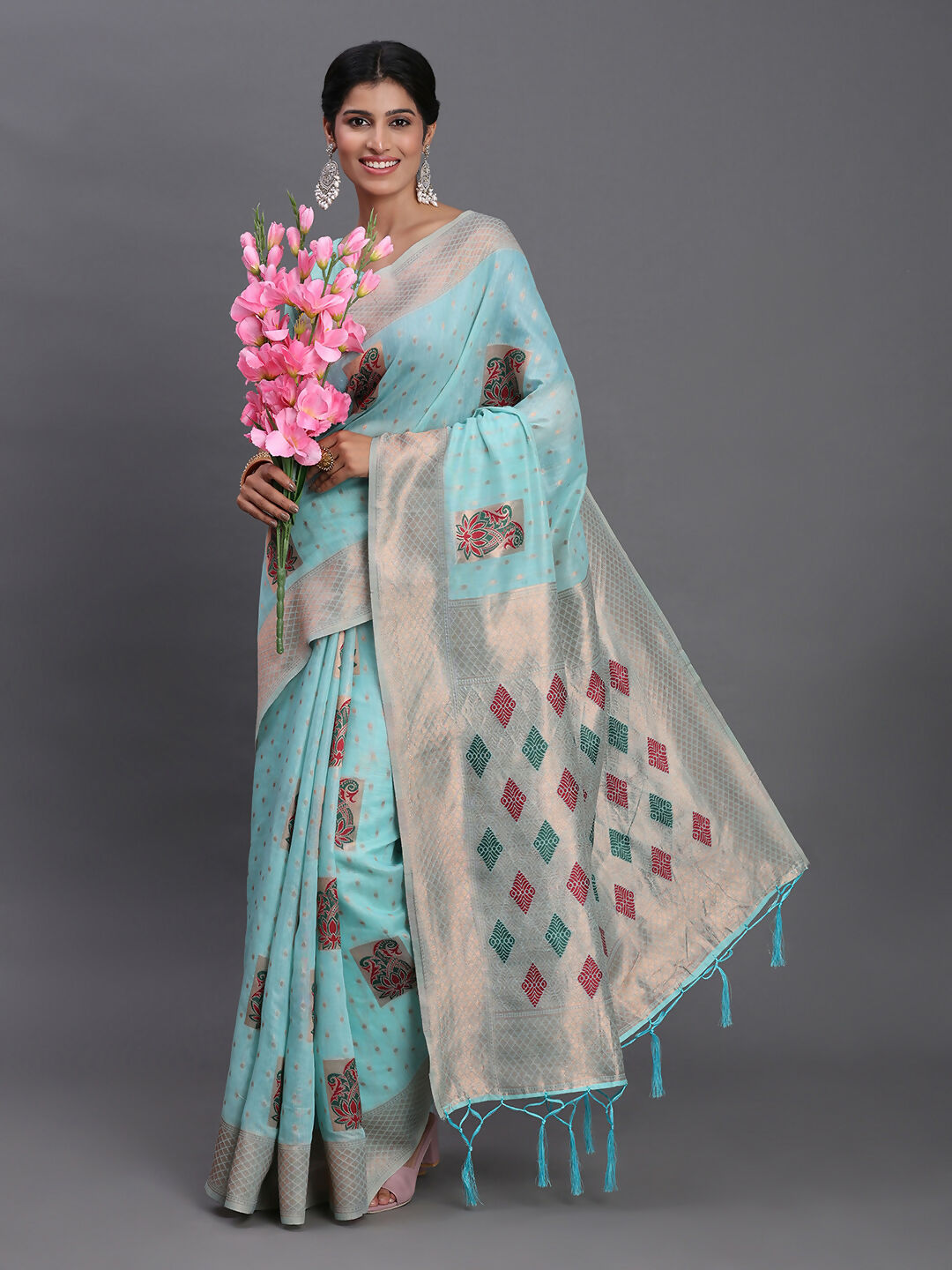 Shree Shyam Fashion Linen Cotton Sky Blue Saree - Distacart