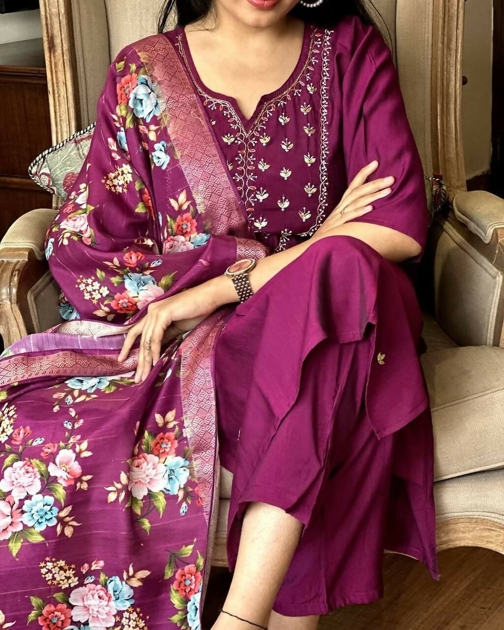 The52 Wine Women's Gorgeous Embroidered Rayon Fabric Straight Kurta Pant with Dupatta Set - Distacart