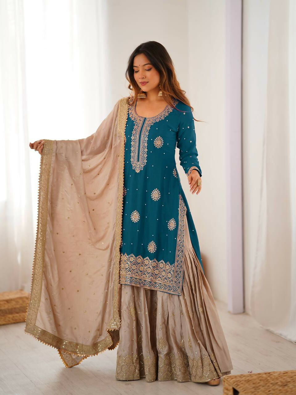 Lehenga Mart Designer Sharara Suit With Kurta, Sharara, Dupatta For Women-Teal Blue - Distacart