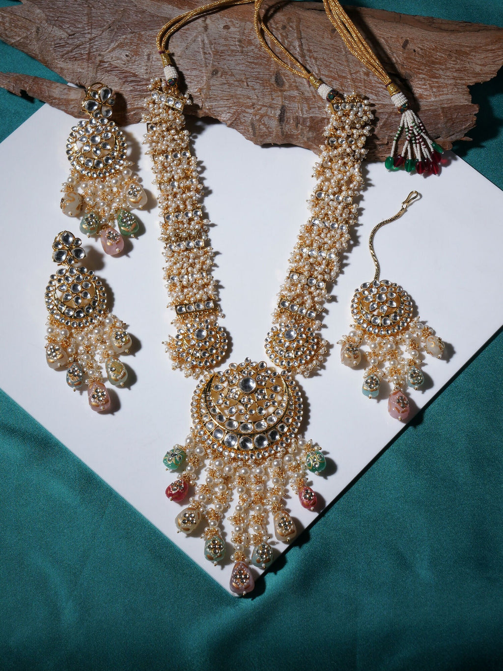 Long Kundan Neckpiece with Earrings & Maang Tikka with Multi Stones Jewellery Set (Gold) - Ruby Raang