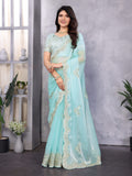 Vastranavya Sky Blue Embroidery Work Shimmer Chiffon Saree with Unstitched Blouse - Distacart