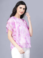 Myshka Organza Printed Short Sleeve Round Pink Women Top - Distacart