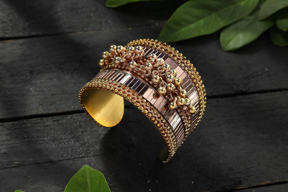 Mominos Fashion Kamal Johar Oxidised Gold-Plated Ghungroo Handcraft Cuff Bracelet