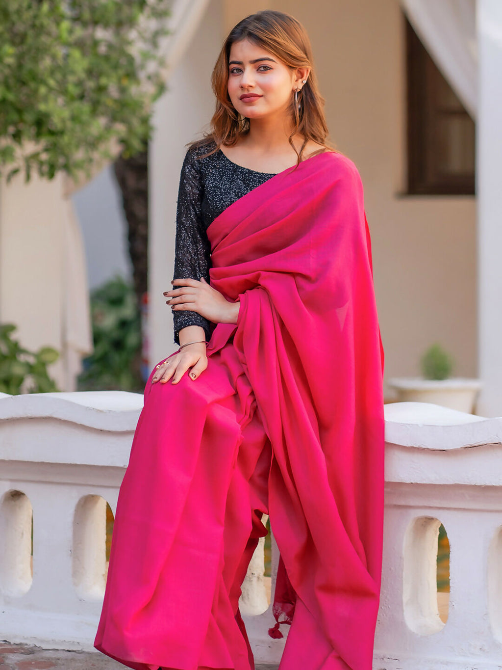 Zibaa Hand-Dyed Mul Cotton Pink Saree with Tassels - Distacart