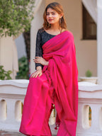 Zibaa Hand-Dyed Mul Cotton Pink Saree with Tassels - Distacart