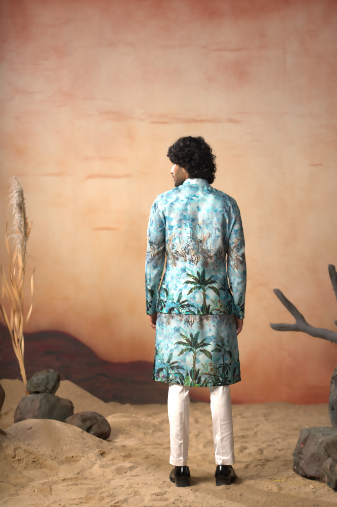 Palm Trees Relaxed Hues Printed Silk Nehru Jacket Set by Hilo Design