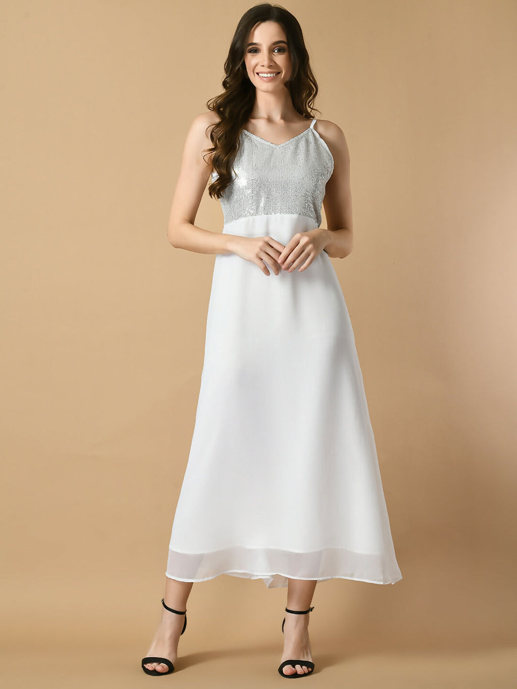 Myshka Women's White Solid Georgette Party Dress - Distacart