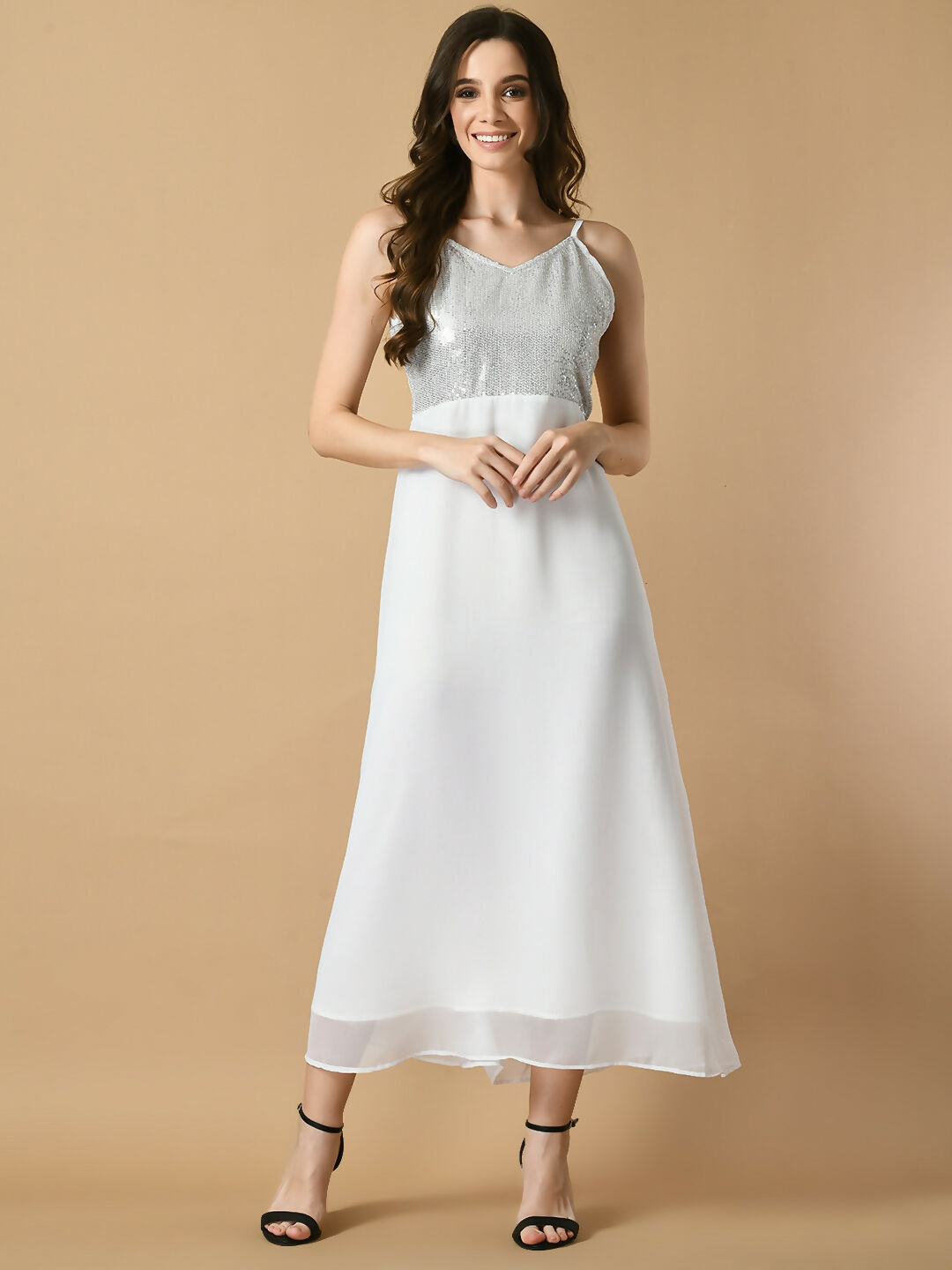 Myshka Women's White Solid Georgette Party Dress - Distacart