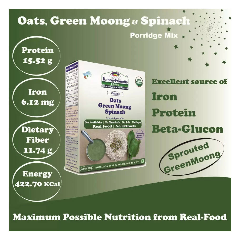 TummyFriendly Foods Certified Organic Oats, Green Moong, Spinach Porridge Mix for 8 Months Old - Distacart