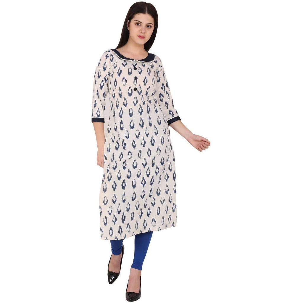 Kanoor Women's White and Blue Cotton Straight Kurti
