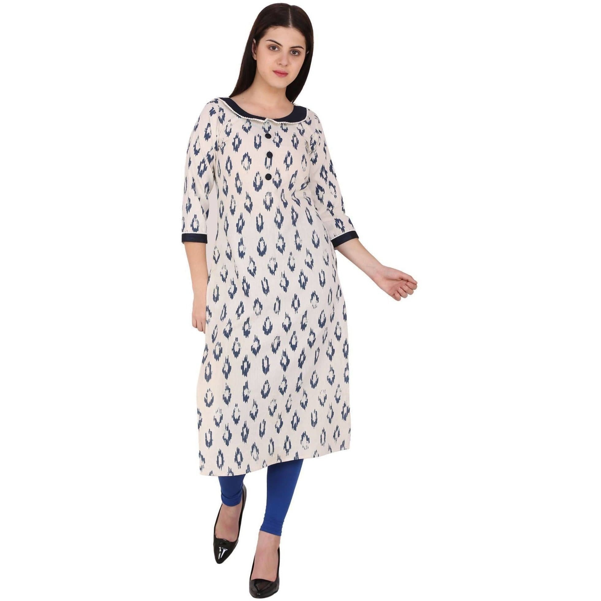 Kanoor Women's White and Blue Cotton Straight Kurti