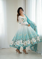 Evanik Aqua Blue Soft Organza Silk With Floral Print Fully Flared Anarkali Pant With Dupatta Set - Distacart