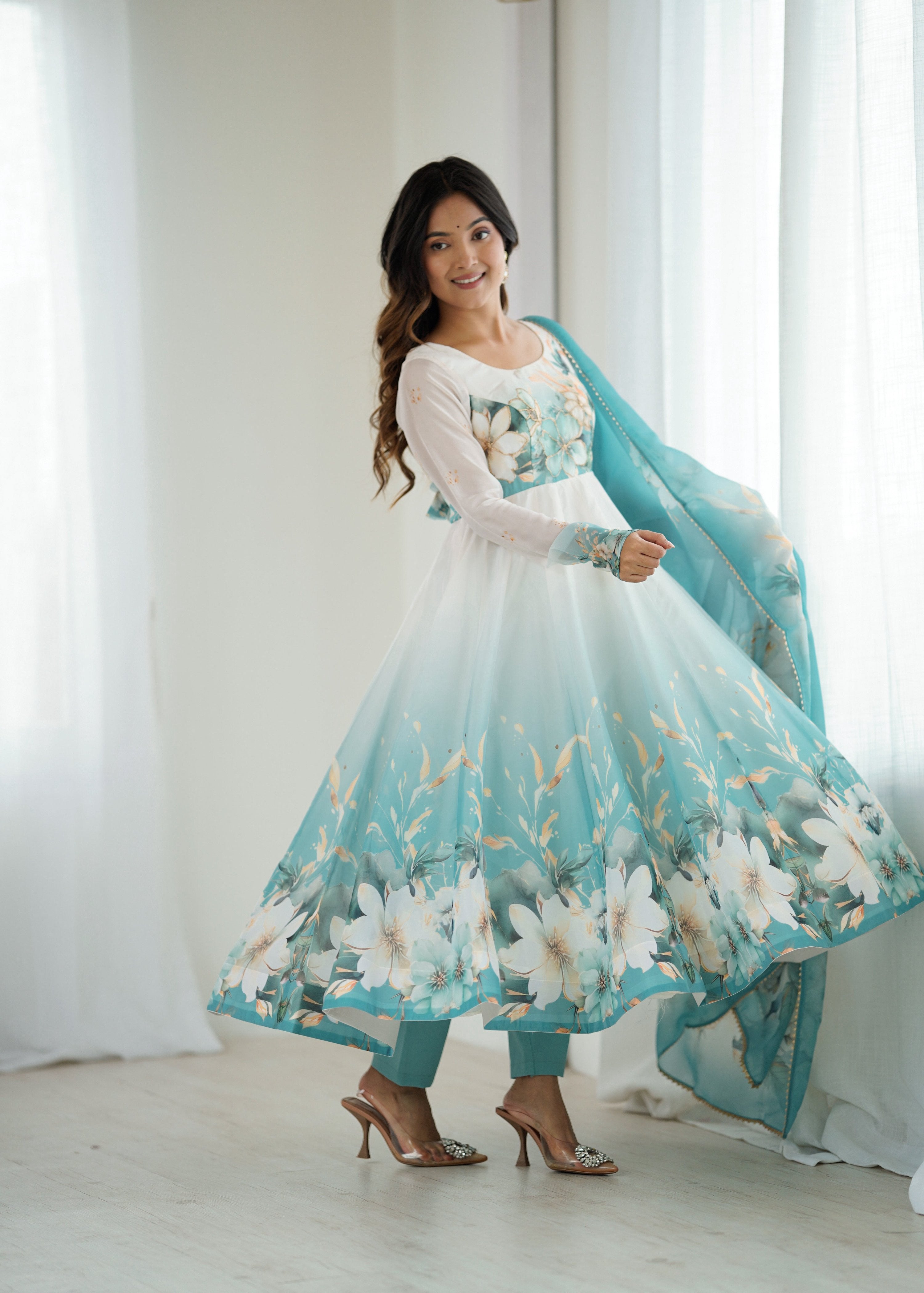 Evanik Aqua Blue Soft Organza Silk With Floral Print Fully Flared Anarkali Pant With Dupatta Set - Distacart
