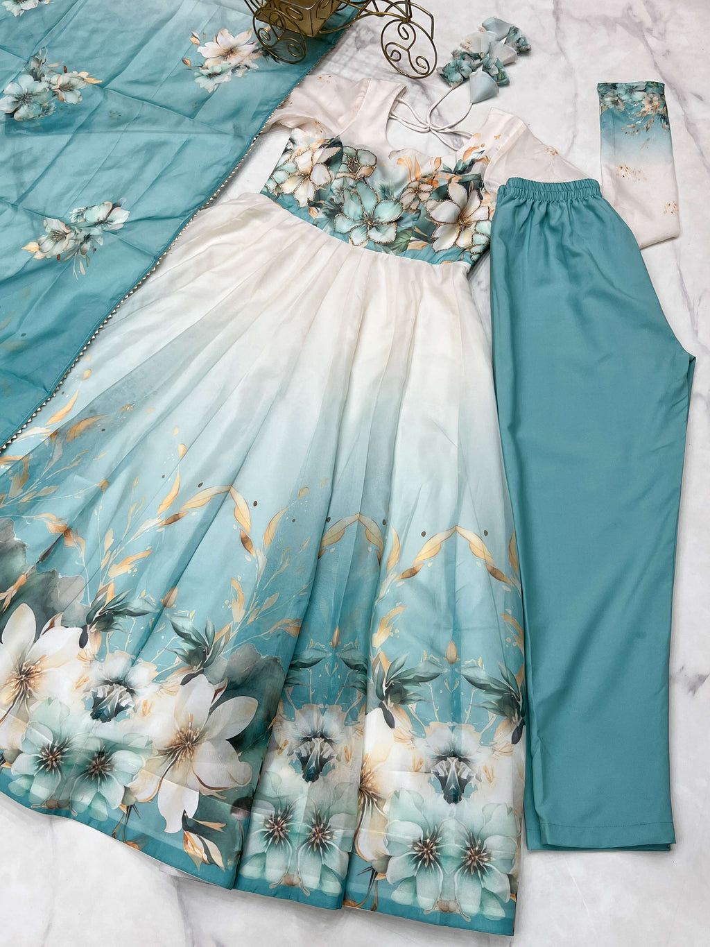 Evanik Aqua Blue Soft Organza Silk With Floral Print Fully Flared Anarkali Pant With Dupatta Set - Distacart