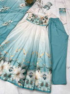 Evanik Aqua Blue Soft Organza Silk With Floral Print Fully Flared Anarkali Pant With Dupatta Set - Distacart