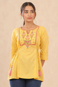Juniper Women Yellow Cotton Dobby Embroidered A-Line Tunic - Distacart