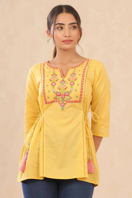 Juniper Women Yellow Cotton Dobby Embroidered A-Line Tunic