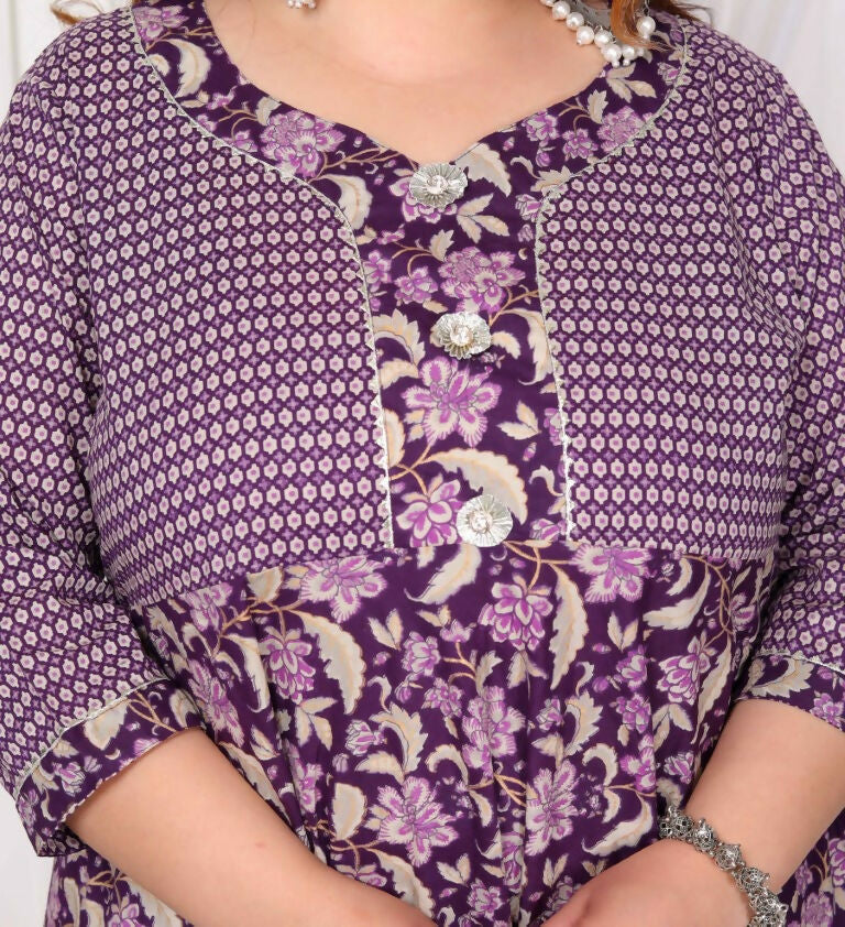 Miravan Women's Plus Size Purple cotton Floral Gota Lace Work Anarkali Kurta